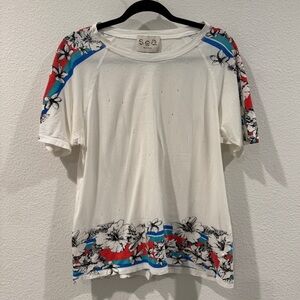 SEA New York White Tropical Floral Distressed 100% Cotton T-Shirt Size Medium